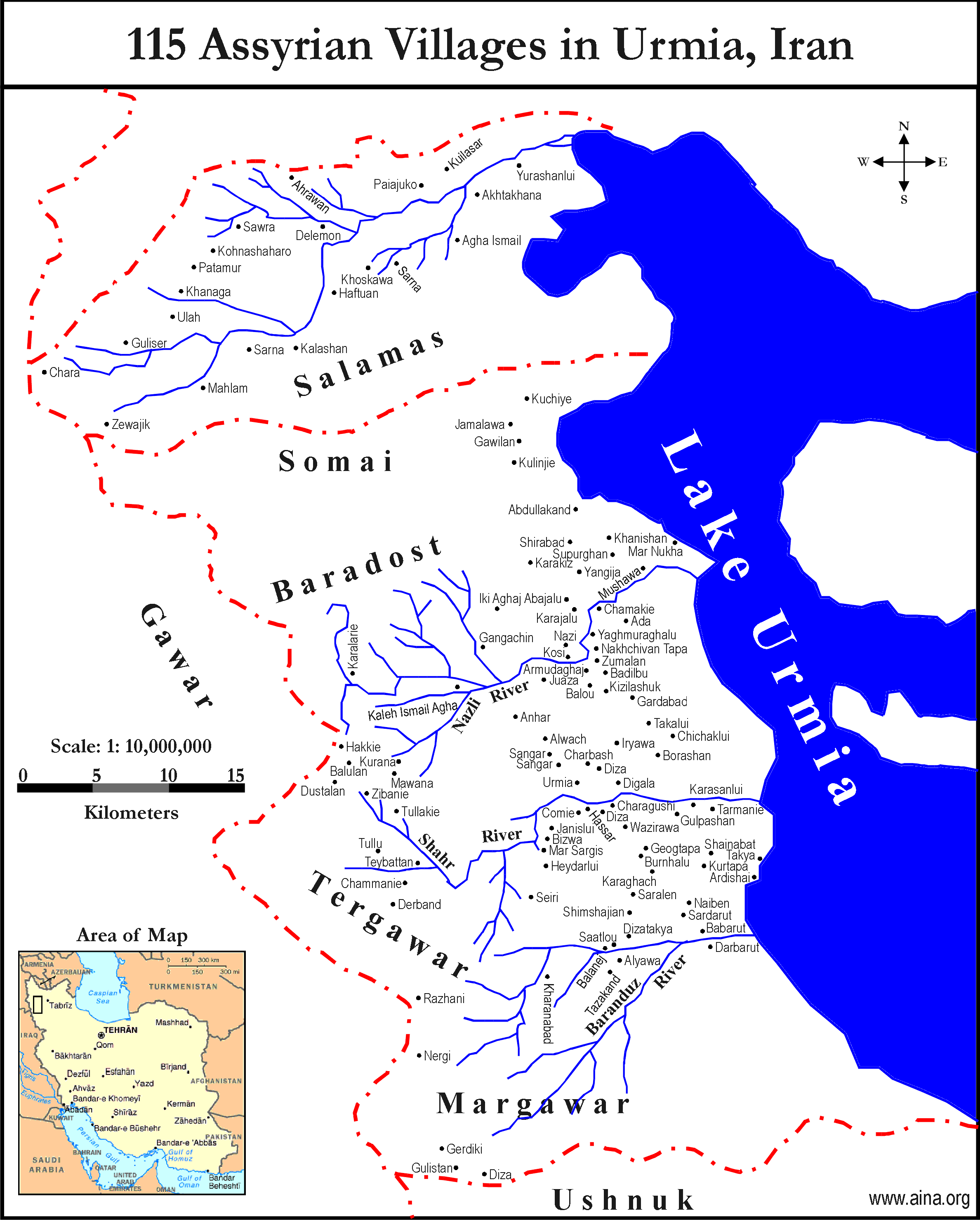 Map of Assyrian villages in Urmia, Iran