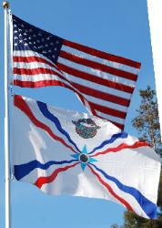 American Assyrian Flags over the blue sky of San Jose California