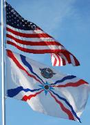 American Assyrian Flags over the blue sky of San Jose California