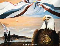 Assyrian flag with two soldiers and an eagle wearing the Assyrian star