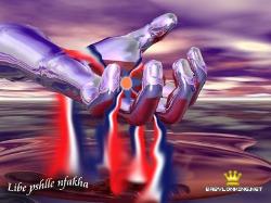 Assyrian flag in the palm of metallic hand, flowing into water