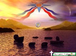 Assyrian flag in the clouds, at sunset, over a beach and mountains