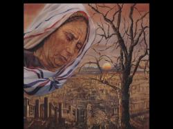 Assyrian flag head cover, worn by an old woman, crying over a city's ruins