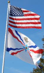 American Assyrian Flags over the blue sky of San Jose California