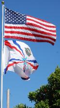 American Assyrian Flags over the blue sky of San Jose California