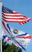 American Assyrian Flags over the blue sky of San Jose California