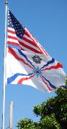 American Assyrian Flags over the blue sky of San Jose California