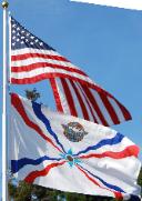 American Assyrian Flags over the blue sky of San Jose California