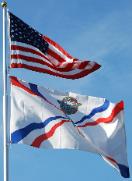 American Assyrian Flags over the blue sky of San Jose California