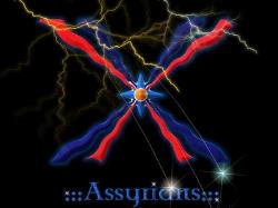 Assyrian flag on a thunderes black background
