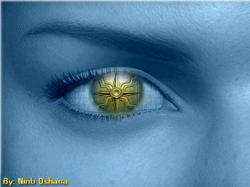 Assyrian star, golden, in a digital eye of a woman