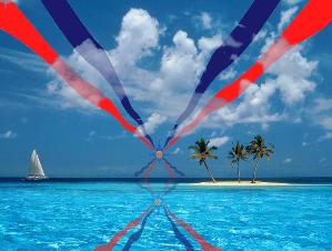 Assyrian flag on the horizon at a tropical beach