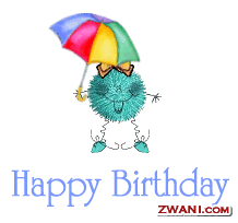 Happy Birthday, cartoon character with umbrella